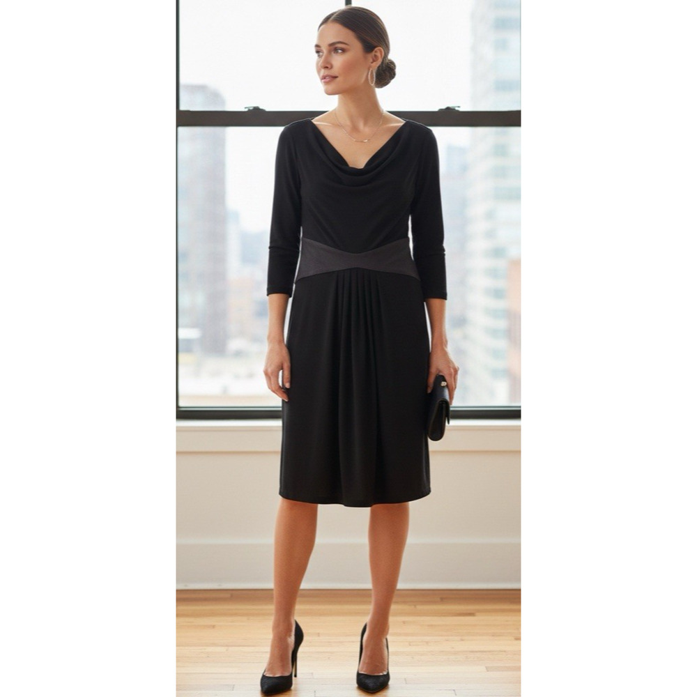Evan Picone Black Cowl Neck Sheath Dress Mid Length Ruched Waist Size 12
